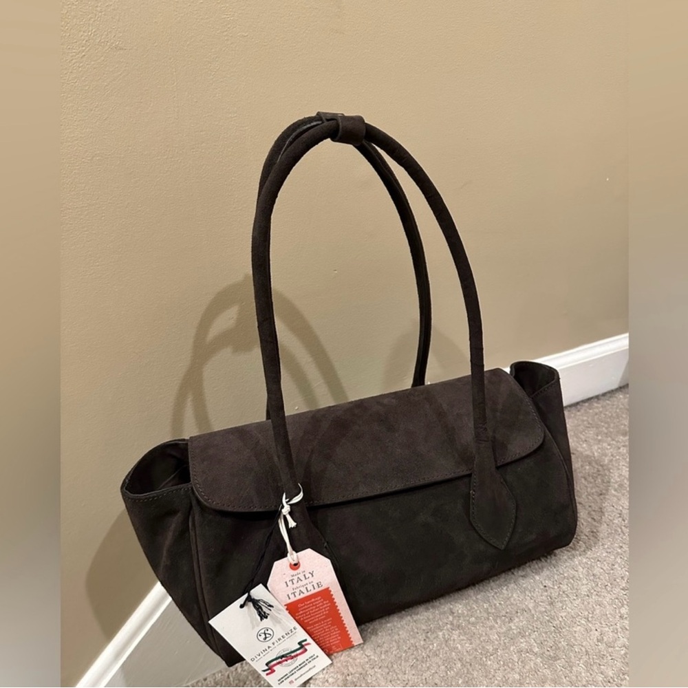 Chic Elegant Cool Toned Dark Brown Suede East West Shoulder Bag